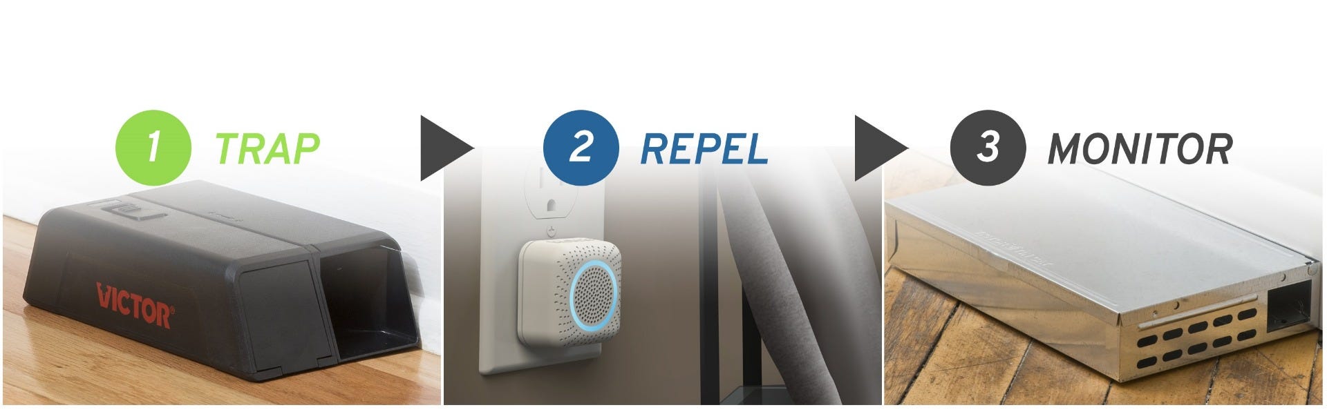 Integrated rodent control trap, repel, monitor rodent infestations
