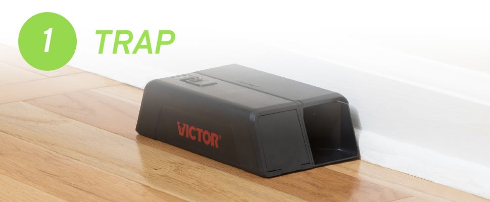 Step One: Trap electronic mouse trap set on the floor