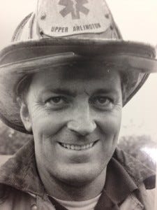 Tom Parr at the scene of a fire. Tom served as firefighter and paramedic from 1966 to 1981.