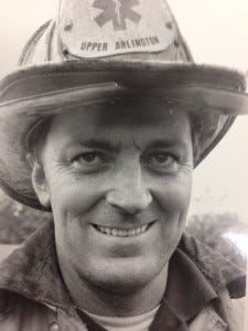 Tom Parr at the scene of a fire. Tom served as firefighter and paramedic from 1966 to 1981. 